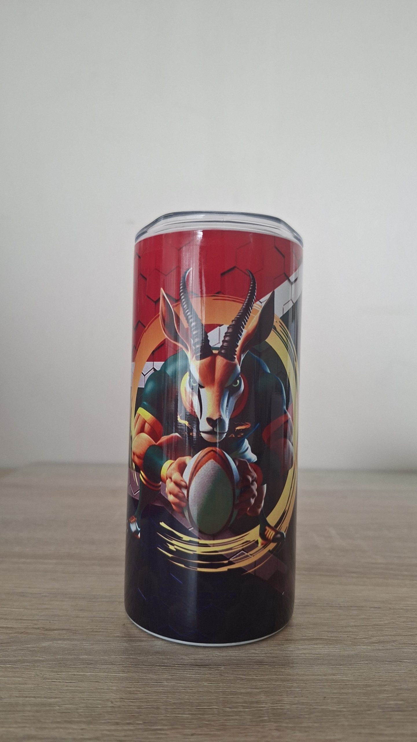 Personalised tall tumbler with colourful Springbok rugby artwork